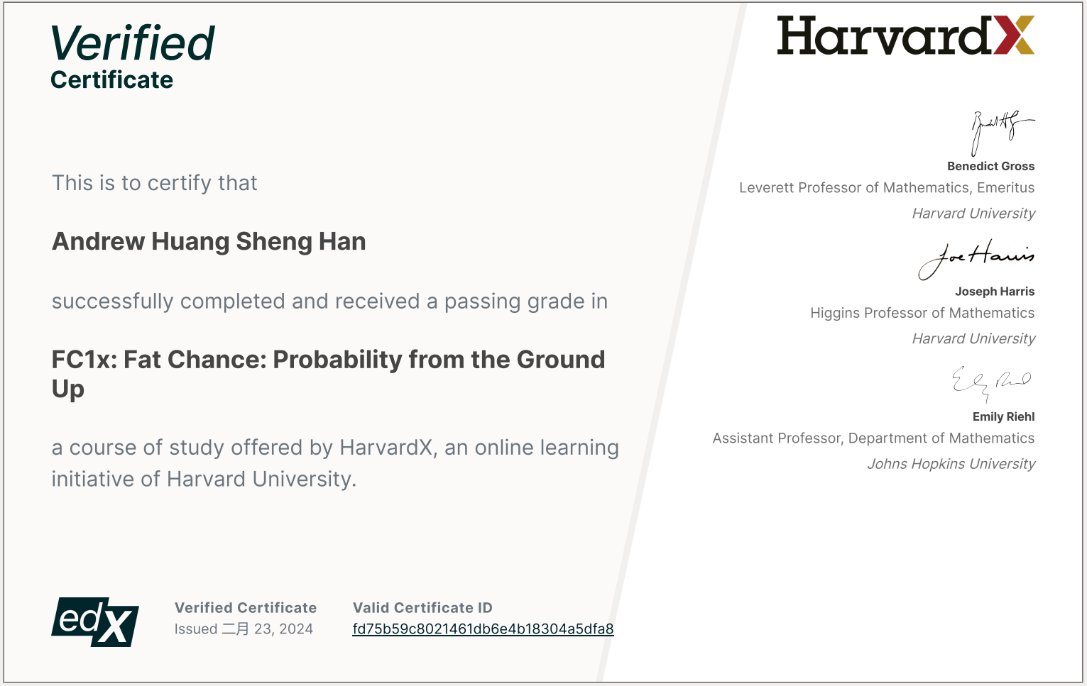HarvardX Fat Chance Probability certificate